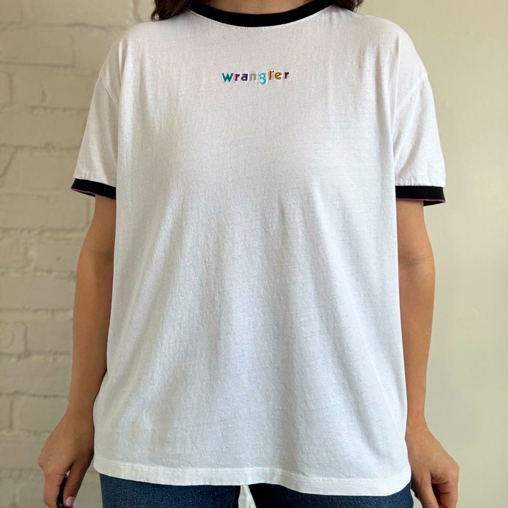 Women’s Unisex Rainbow Wrangler Ringer T-Shirt Size Large